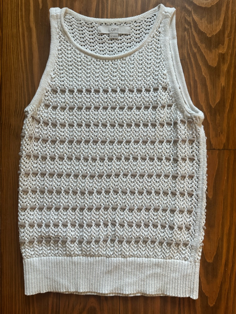 LOFT Cream Open-Knit Sleeveless Crewneck Sweater